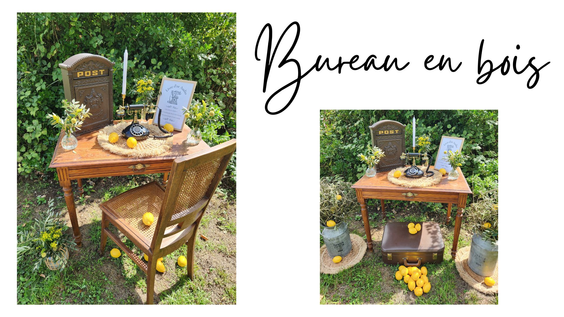 Bureau en bois vintage en location by Tiana Events