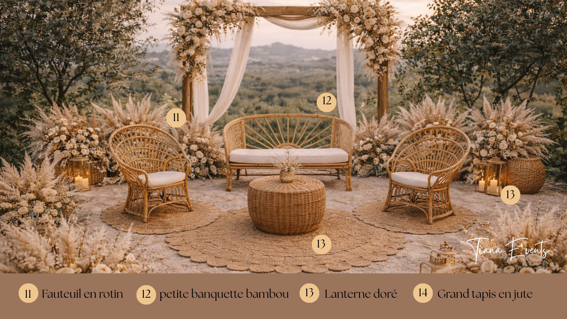 banquette en rotin location mariage